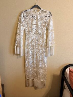 White Lace Fringe Midi Dress with Long Sleeves